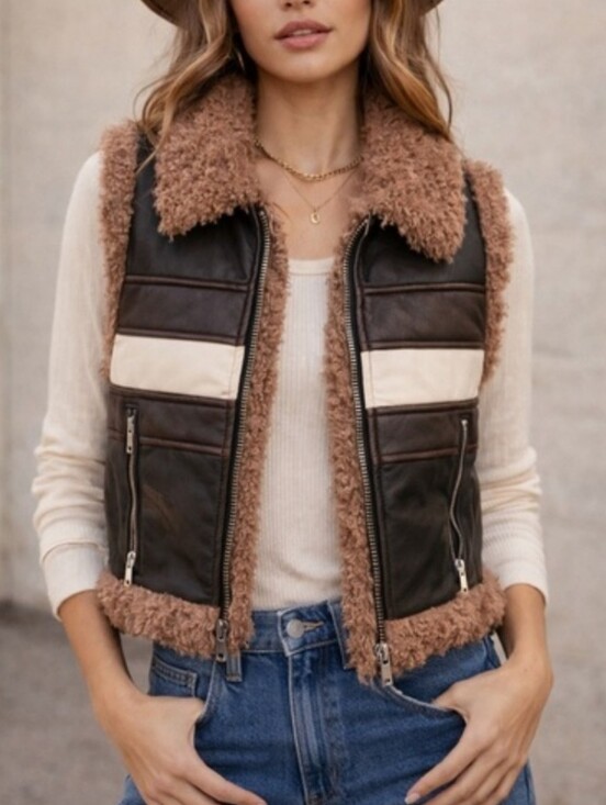 Cali1850 Jackets & Blazers - Cali 1850 Brown & Cream Faux Shearling Moto Vest